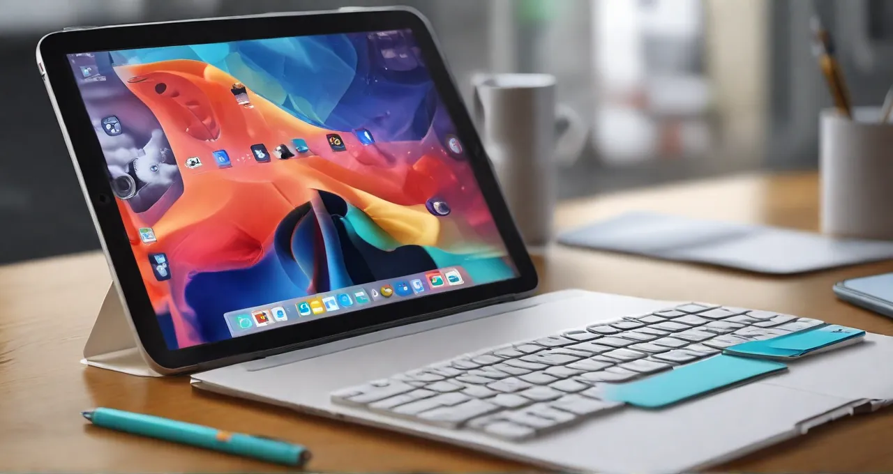 Elegant iPad Air displayed with Apple Pencil and Magic Keyboard in vibrant colors, amidst a modern minimalistic workplace setting.